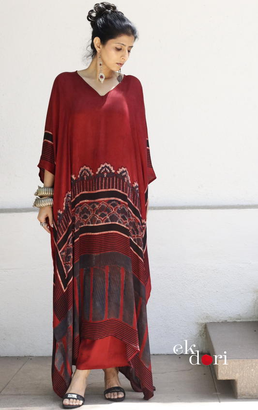 Ajrakh Kaftan Kurta Palazzo Set 'Marooned' : Modal Ajrakh Hand Block Kaftan Kurta Palazzo Set