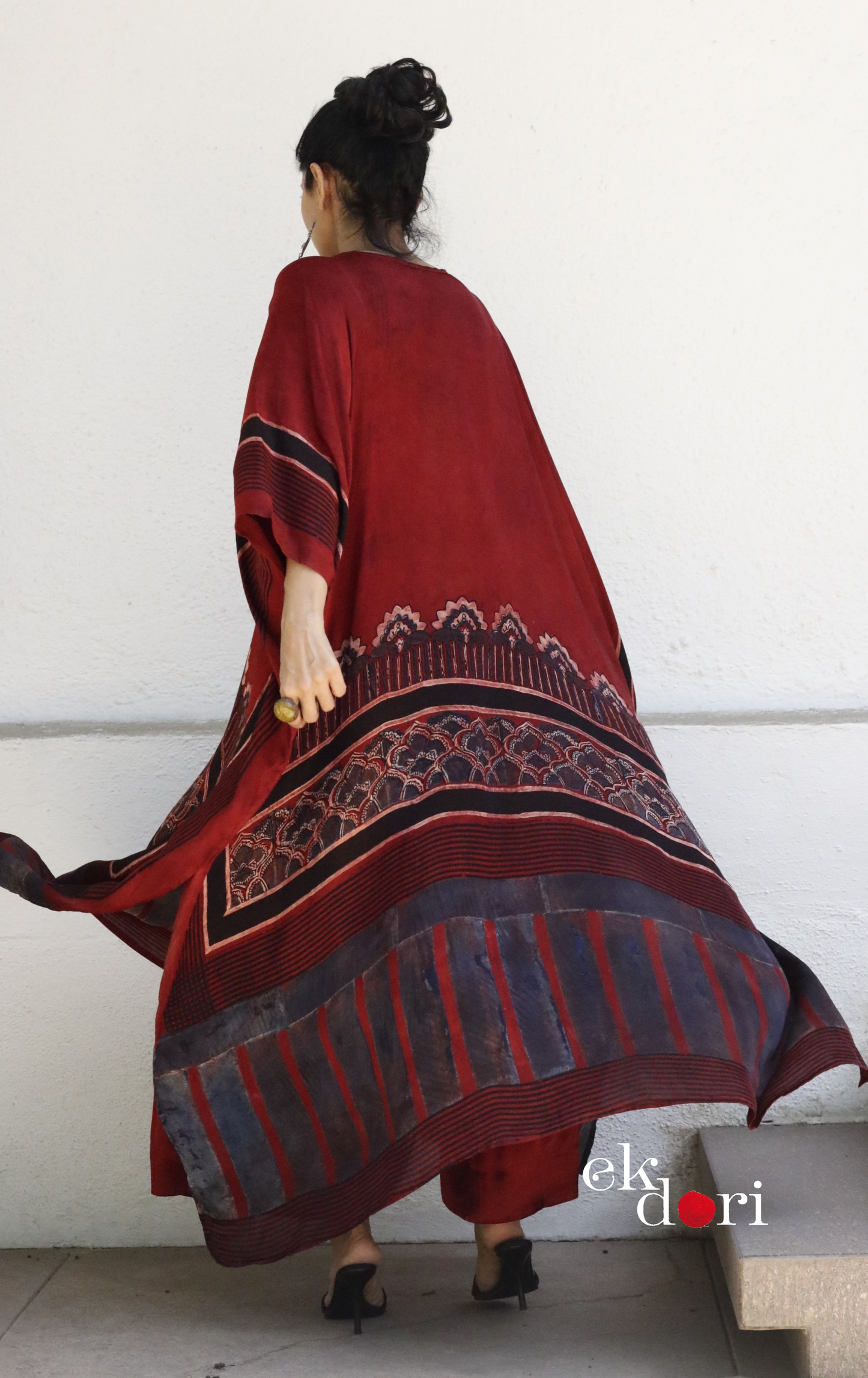 Ajrakh Kaftan Kurta Palazzo Set 'Marooned' : Modal Ajrakh Hand Block Kaftan Kurta Palazzo Set