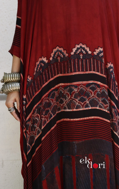 Ajrakh Kaftan Kurta Palazzo Set 'Marooned' : Modal Ajrakh Hand Block Kaftan Kurta Palazzo Set