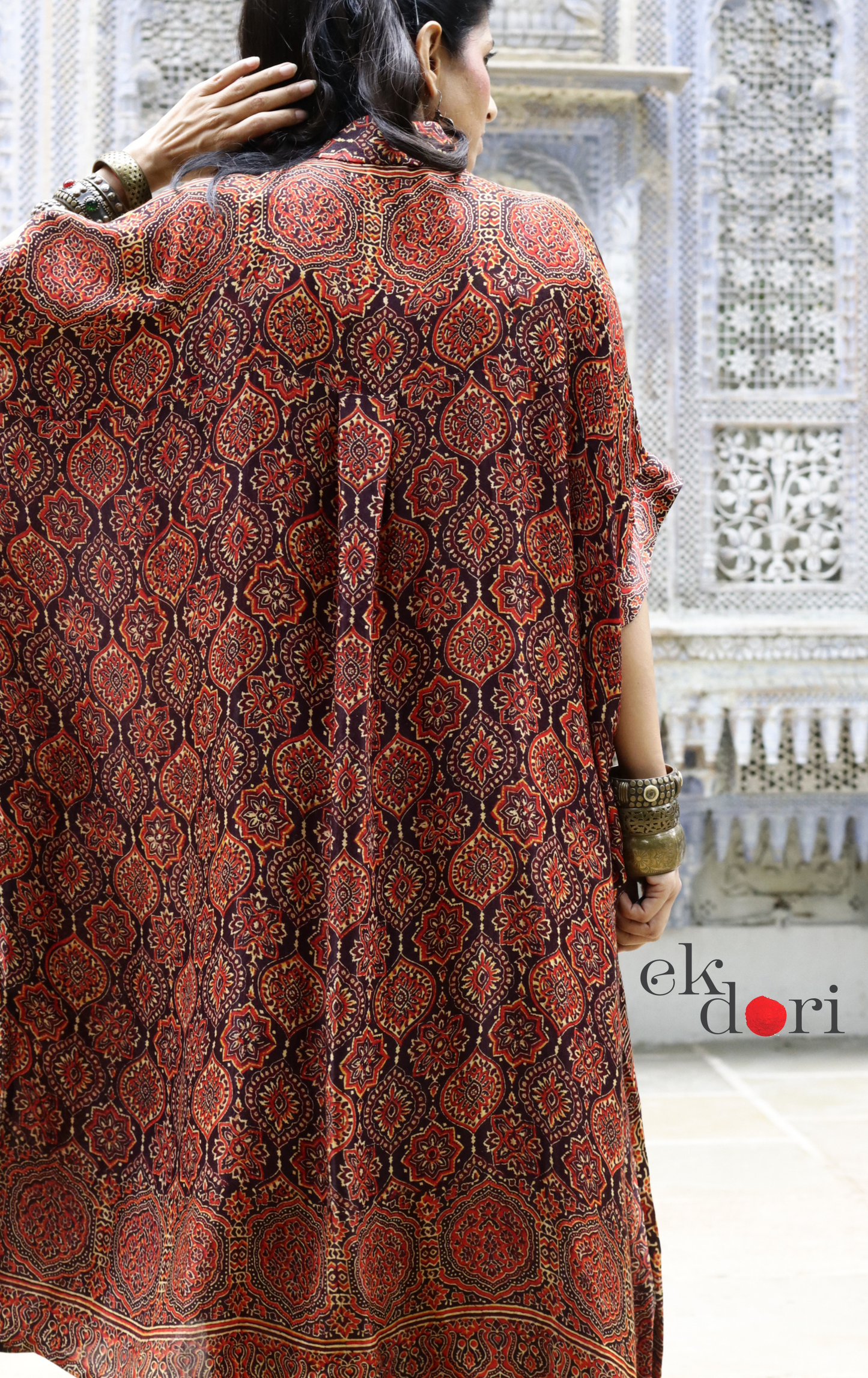 Ajrakh Kaftan Kurta Dress 'Bageecha' : Modal Ajrakh Hand Block Kaftan Kurta Palazzo Set