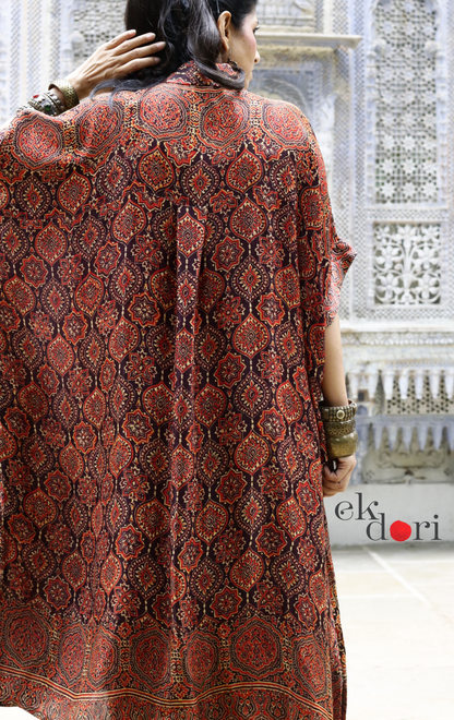 Ajrakh Kaftan Kurta Dress 'Bageecha' : Modal Ajrakh Hand Block Kaftan Kurta Palazzo Set