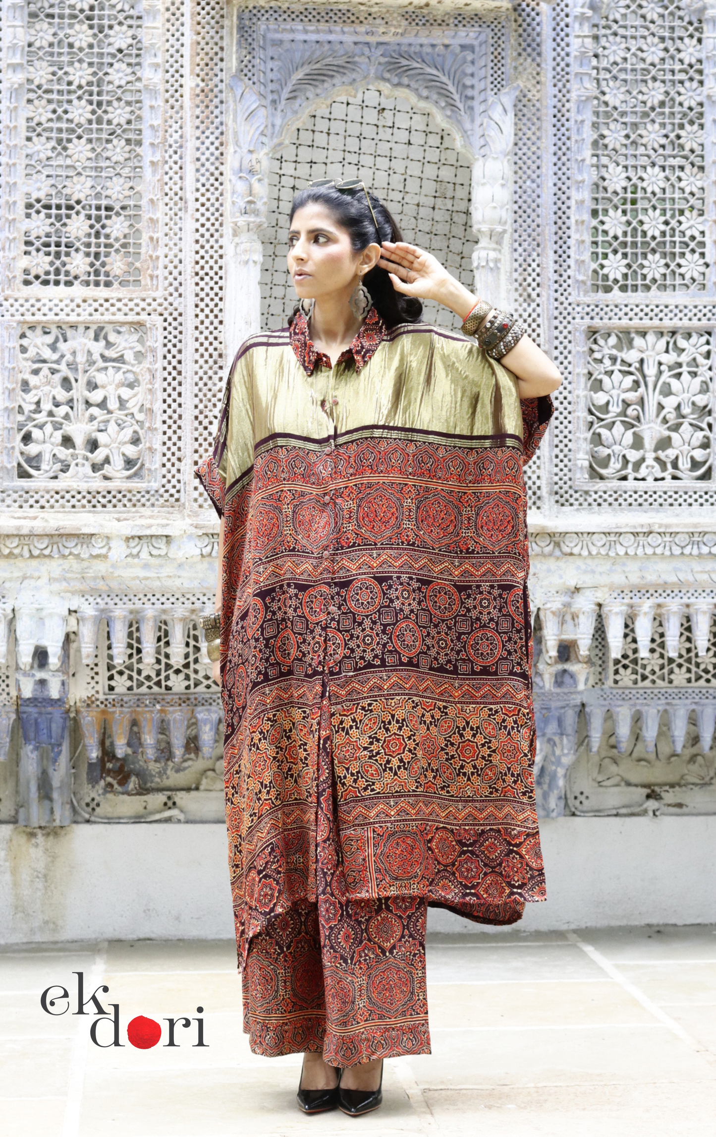 Ajrakh Kaftan Kurta Dress 'Bageecha' : Modal Ajrakh Hand Block Kaftan Kurta Palazzo Set