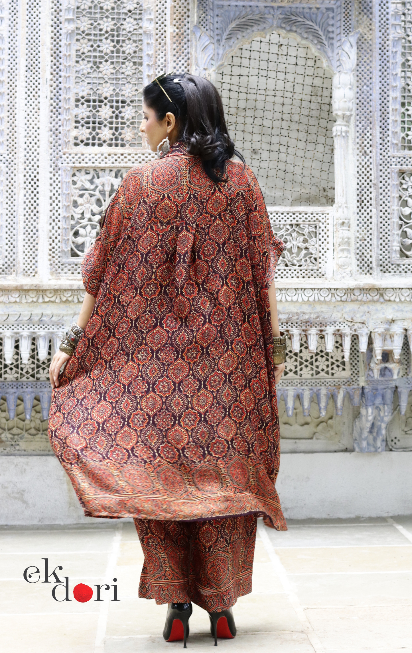 Ajrakh Kaftan Kurta Dress 'Bageecha' : Modal Ajrakh Hand Block Kaftan Kurta Palazzo Set