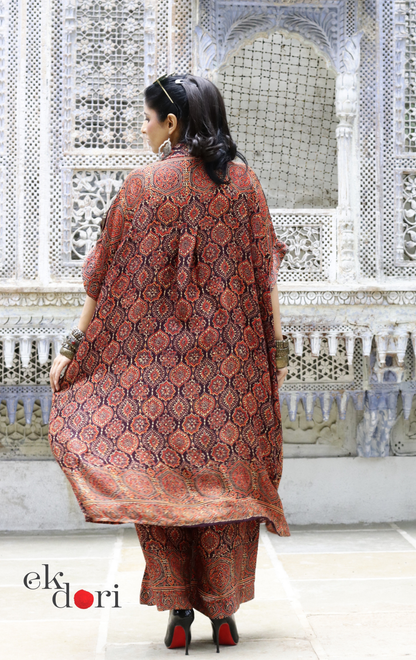 Ajrakh Kaftan Kurta Dress 'Bageecha' : Modal Ajrakh Hand Block Kaftan Kurta Palazzo Set
