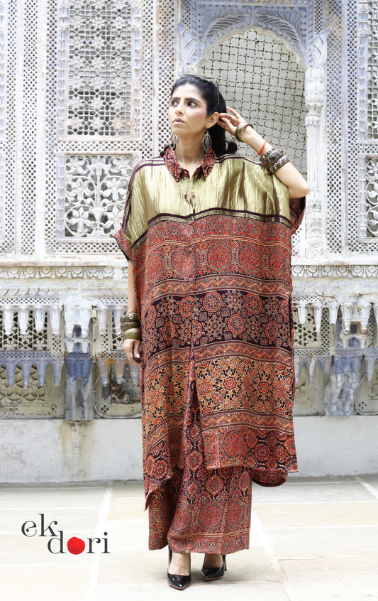 Ajrakh Kaftan Kurta Dress 'Bageecha' : Modal Ajrakh Hand Block Kaftan Kurta Palazzo Set