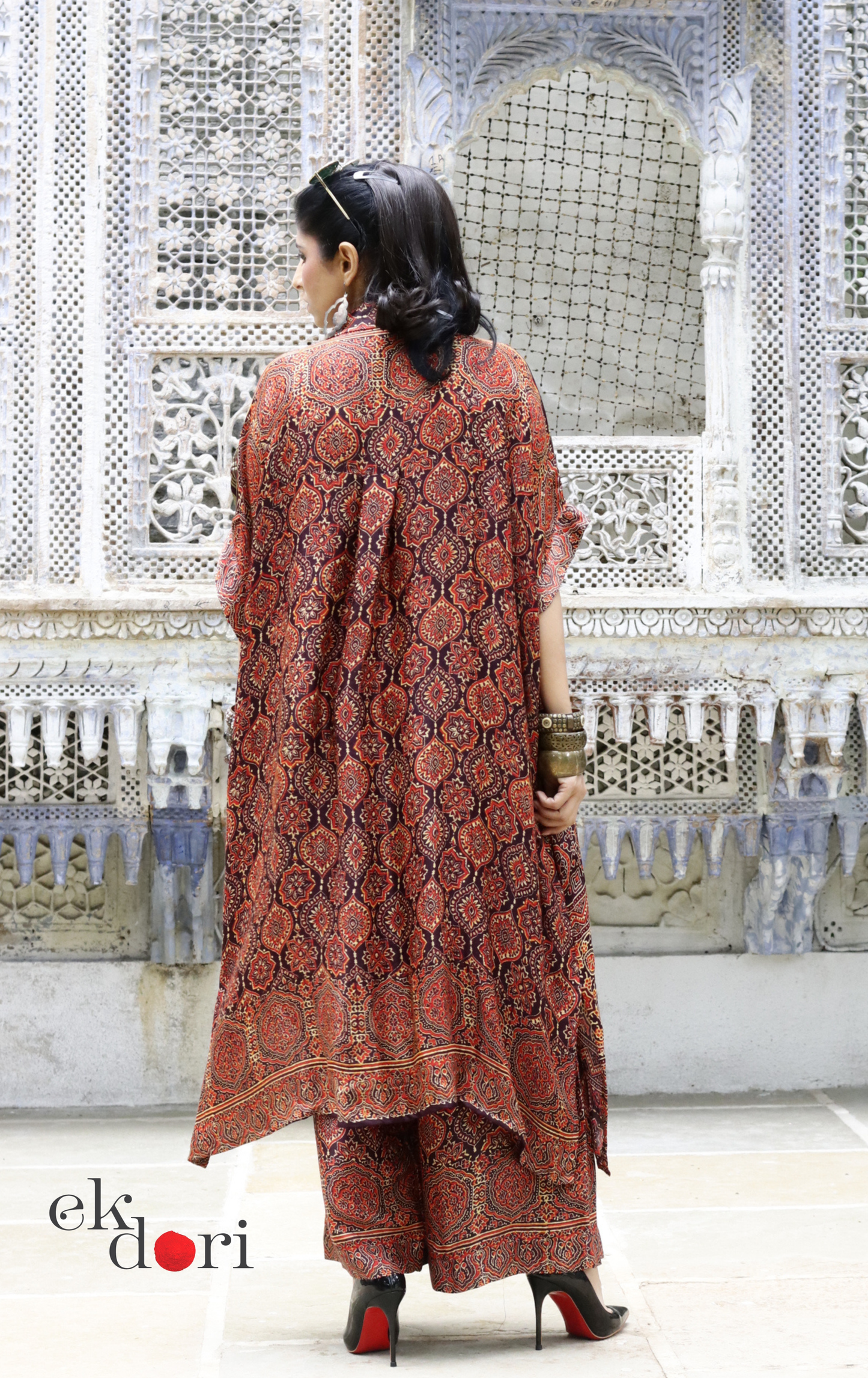 Ajrakh Kaftan Kurta Dress 'Bageecha' : Modal Ajrakh Hand Block Kaftan Kurta Palazzo Set