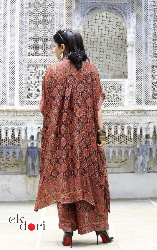 Ajrakh Kaftan Kurta Dress 'Bageecha' : Modal Ajrakh Hand Block Kaftan Kurta Palazzo Set