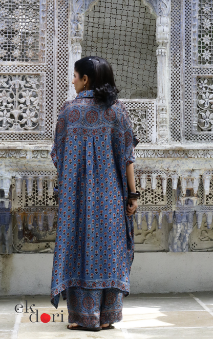 Ajrakh Kaftan Kurta Dress 'Blue Bliss' : Modal Ajrakh Hand Block Kaftan Kurta & Palazzo Set