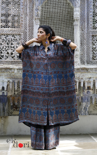 Ajrakh Kaftan Kurta Dress 'Blue Bliss' : Modal Ajrakh Hand Block Kaftan Kurta & Palazzo Set