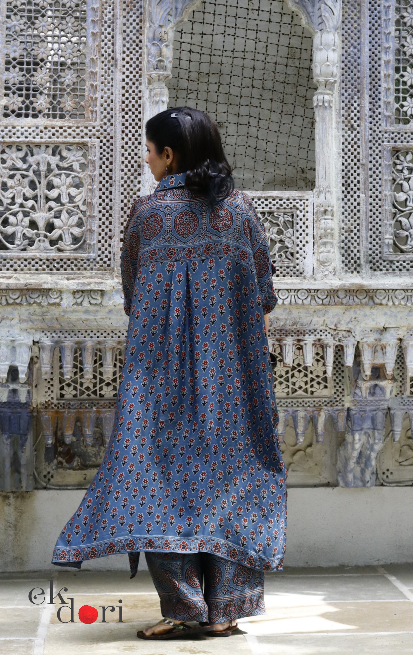 Ajrakh Kaftan Kurta Dress 'Blue Bliss' : Modal Ajrakh Hand Block Kaftan Kurta & Palazzo Set