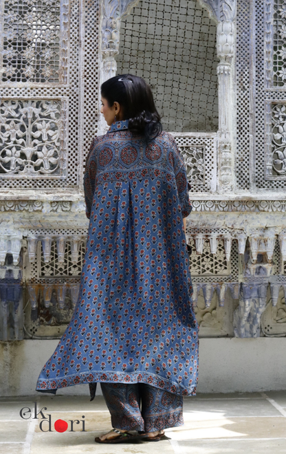 Ajrakh Kaftan Kurta Dress 'Blue Bliss' : Modal Ajrakh Hand Block Kaftan Kurta & Palazzo Set