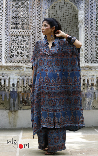 Ajrakh Kaftan Kurta Dress 'Blue Bliss' : Modal Ajrakh Hand Block Kaftan Kurta & Palazzo Set