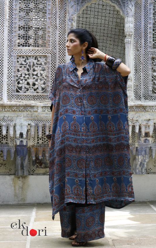 Ajrakh Kaftan Kurta Dress 'Blue Bliss' : Modal Ajrakh Hand Block Kaftan Kurta & Palazzo Set