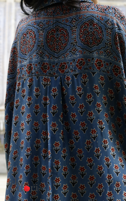 Ajrakh Kaftan Kurta Dress 'Blue Bliss' : Modal Ajrakh Hand Block Kaftan Kurta & Palazzo Set