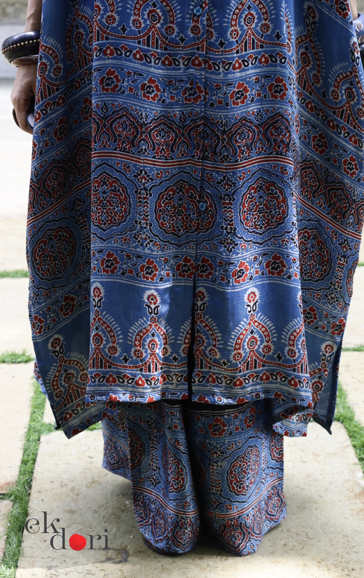 Ajrakh Kaftan Kurta Dress 'Blue Bliss' : Modal Ajrakh Hand Block Kaftan Kurta & Palazzo Set