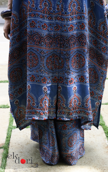 Ajrakh Kaftan Kurta Dress 'Blue Bliss' : Modal Ajrakh Hand Block Kaftan Kurta & Palazzo Set