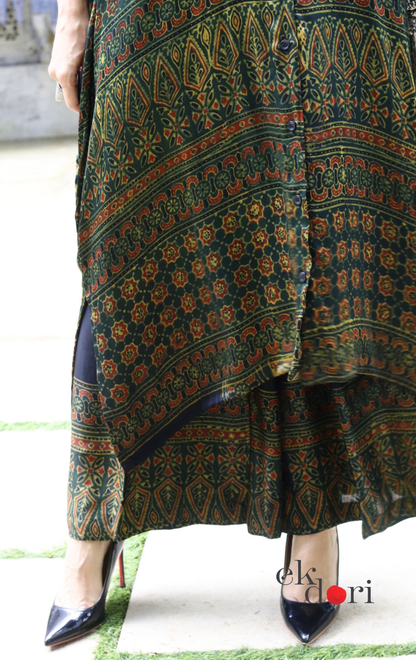 Ajrakh Kaftan Kurta Dress 'Green Geometry' : Modal Ajrakh Hand Block Kaftan Kurta Palazzo Set