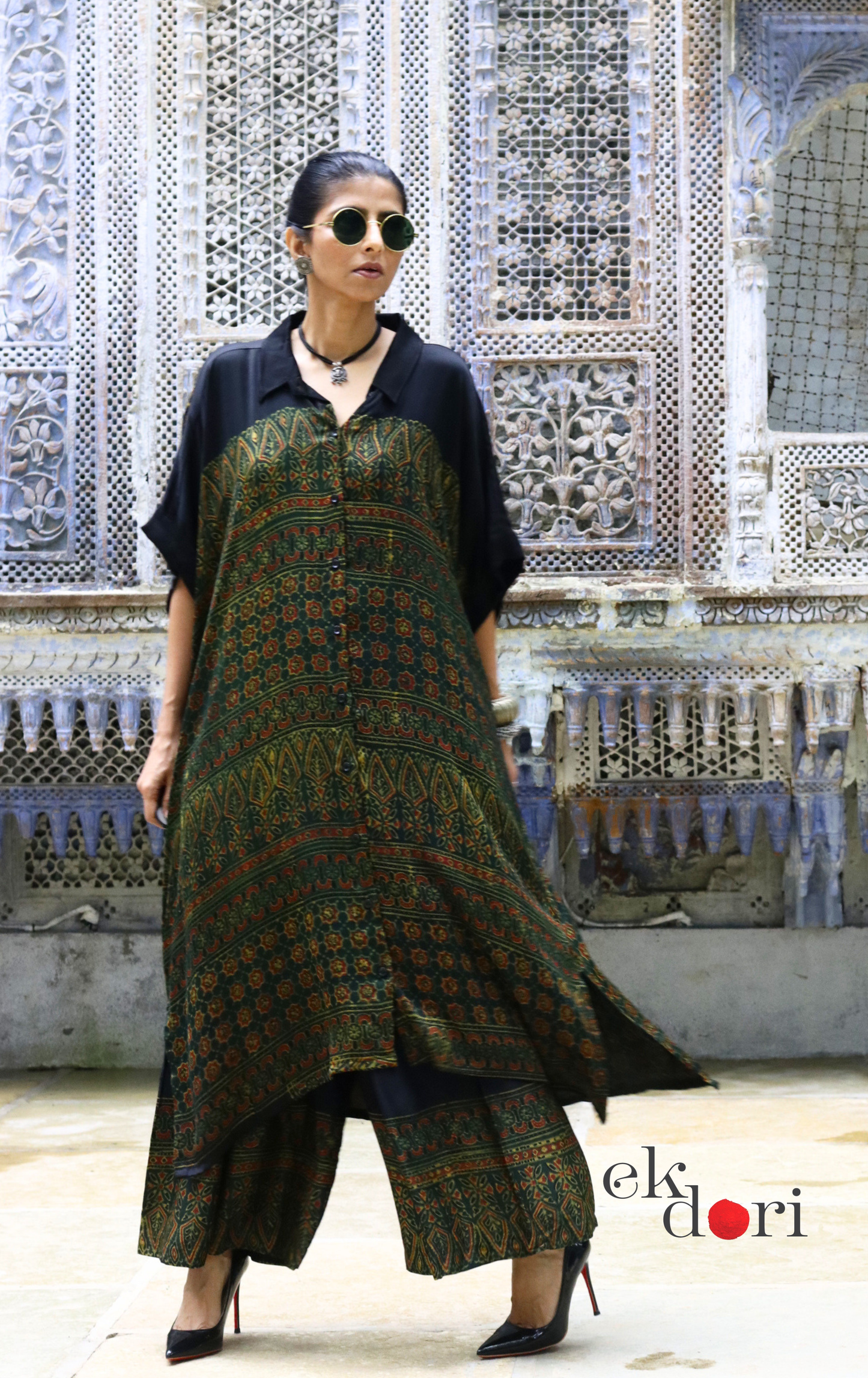 Ajrakh Kaftan Kurta Dress 'Green Geometry' : Modal Ajrakh Hand Block Kaftan Kurta Palazzo Set