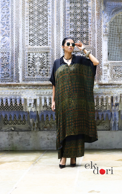 Ajrakh Kaftan Kurta Dress 'Green Geometry' : Modal Ajrakh Hand Block Kaftan Kurta Palazzo Set