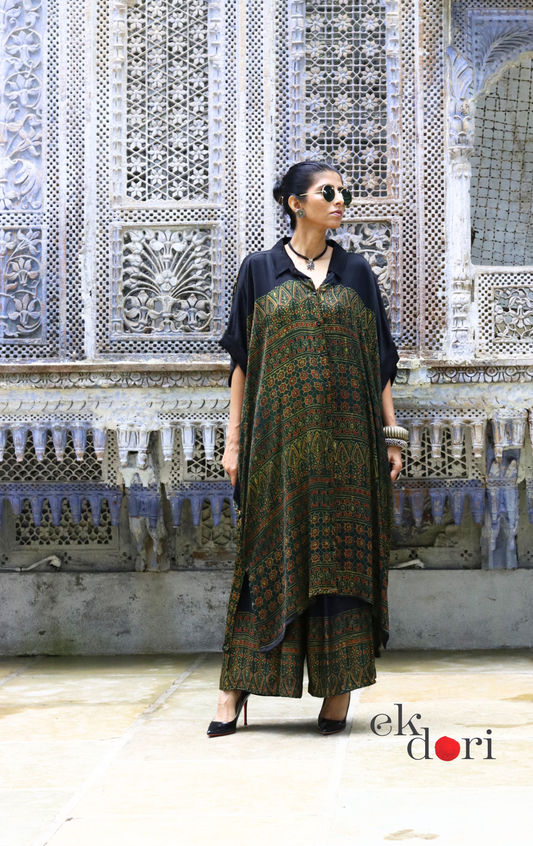 Ajrakh Kaftan Kurta Dress 'Green Geometry' : Modal Ajrakh Hand Block Kaftan Kurta Palazzo Set