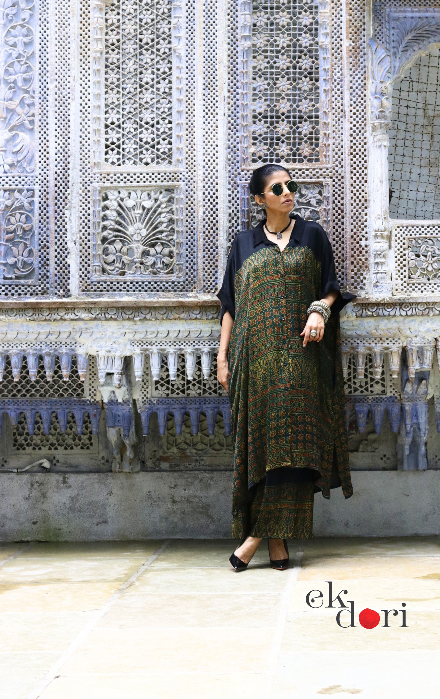 Ajrakh Kaftan Kurta Dress 'Green Geometry' : Modal Ajrakh Hand Block Kaftan Kurta Palazzo Set