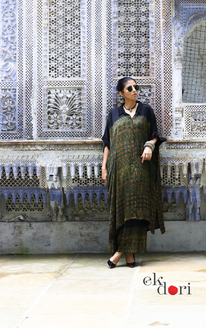 Ajrakh Kaftan Kurta Dress 'Green Geometry' : Modal Ajrakh Hand Block Kaftan Kurta Palazzo Set