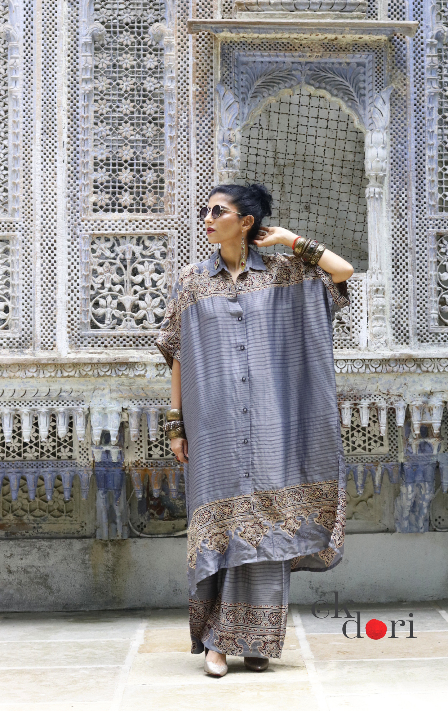 Ajrakh Kaftan Kurta Dress 'Saavan' : Modal Ajrakh Hand Block Kaftan Kurta Palazzo Set