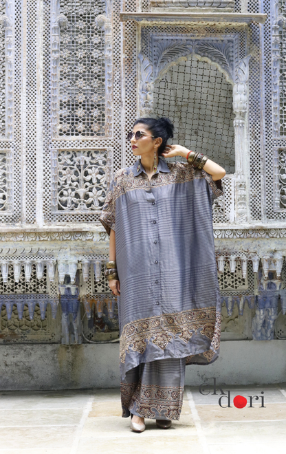 Ajrakh Kaftan Kurta Dress 'Saavan' : Modal Ajrakh Hand Block Kaftan Kurta Palazzo Set