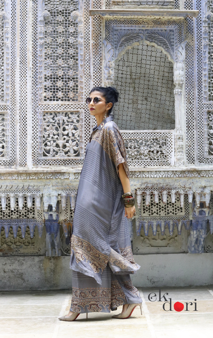 Ajrakh Kaftan Kurta Dress 'Saavan' : Modal Ajrakh Hand Block Kaftan Kurta Palazzo Set