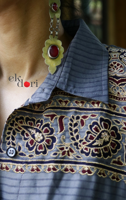Ajrakh Kaftan Kurta Dress 'Saavan' : Modal Ajrakh Hand Block Kaftan Kurta Palazzo Set