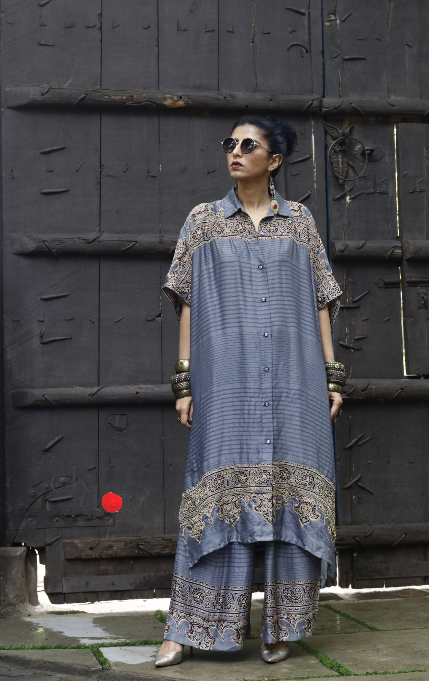 Ajrakh Kaftan Kurta Dress 'Saavan' : Modal Ajrakh Hand Block Kaftan Kurta Palazzo Set