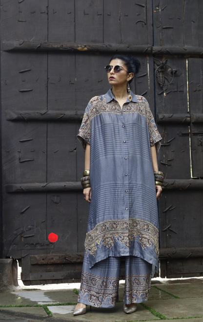Ajrakh Kaftan Kurta Dress 'Saavan' : Modal Ajrakh Hand Block Kaftan Kurta Palazzo Set