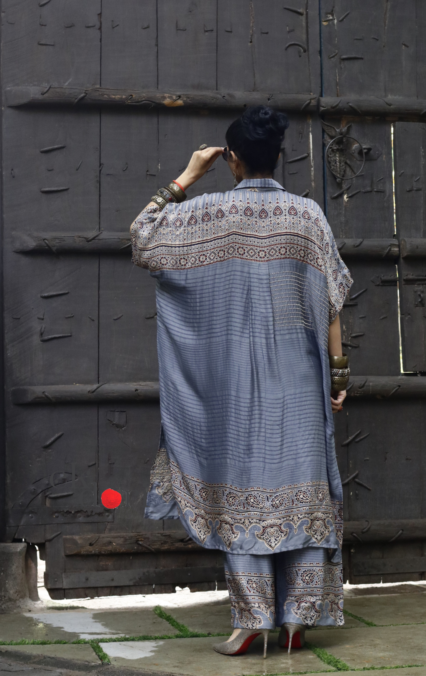 Ajrakh Kaftan Kurta Dress 'Saavan' : Modal Ajrakh Hand Block Kaftan Kurta Palazzo Set