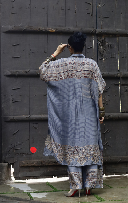 Ajrakh Kaftan Kurta Dress 'Saavan' : Modal Ajrakh Hand Block Kaftan Kurta Palazzo Set