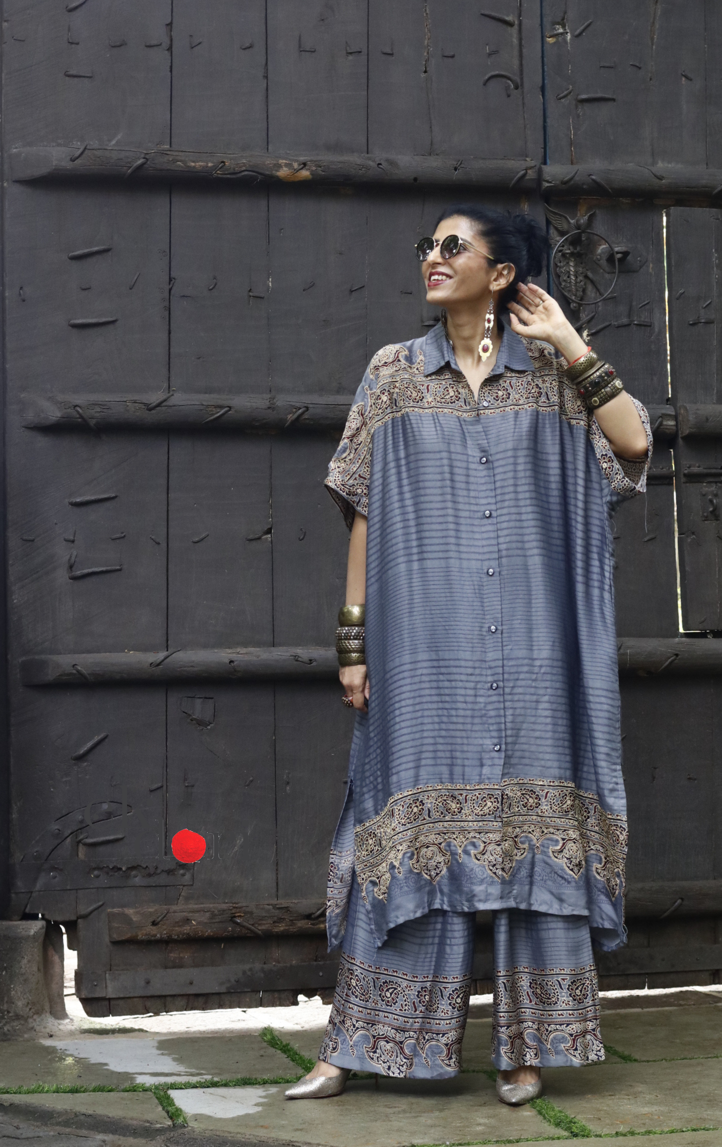 Ajrakh Kaftan Kurta Dress 'Saavan' : Modal Ajrakh Hand Block Kaftan Kurta Palazzo Set