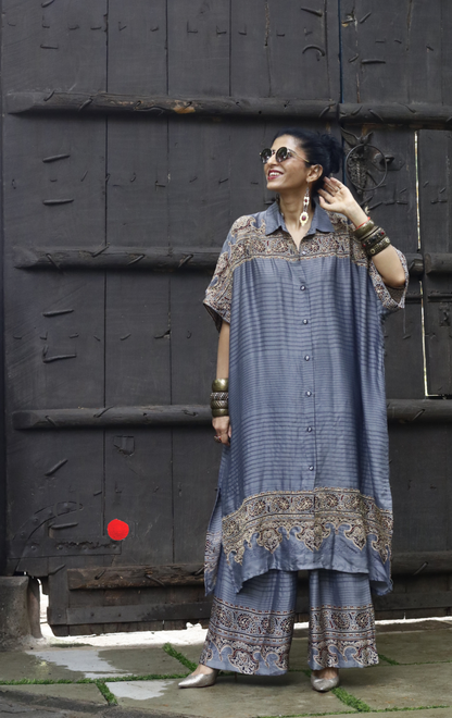 Ajrakh Kaftan Kurta Dress 'Saavan' : Modal Ajrakh Hand Block Kaftan Kurta Palazzo Set