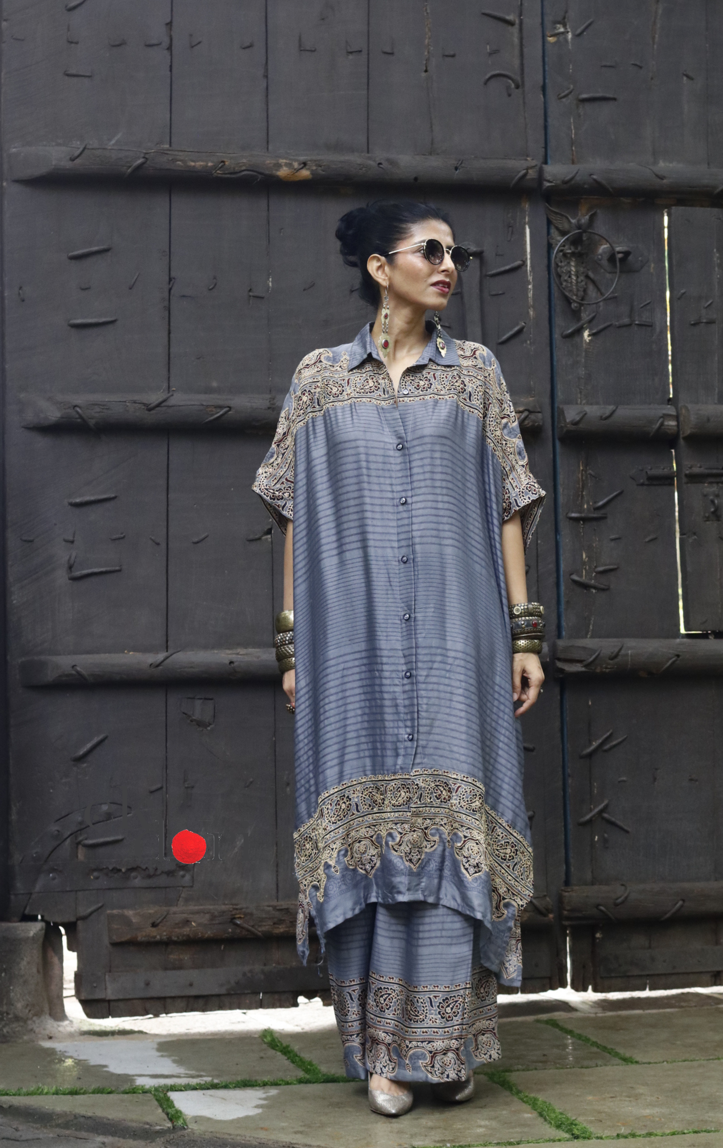 Ajrakh Kaftan Kurta Dress 'Saavan' : Modal Ajrakh Hand Block Kaftan Kurta Palazzo Set