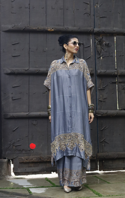 Ajrakh Kaftan Kurta Dress 'Saavan' : Modal Ajrakh Hand Block Kaftan Kurta Palazzo Set