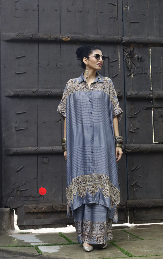 Ajrakh Kaftan Kurta Dress 'Saavan' : Modal Ajrakh Hand Block Kaftan Kurta Palazzo Set