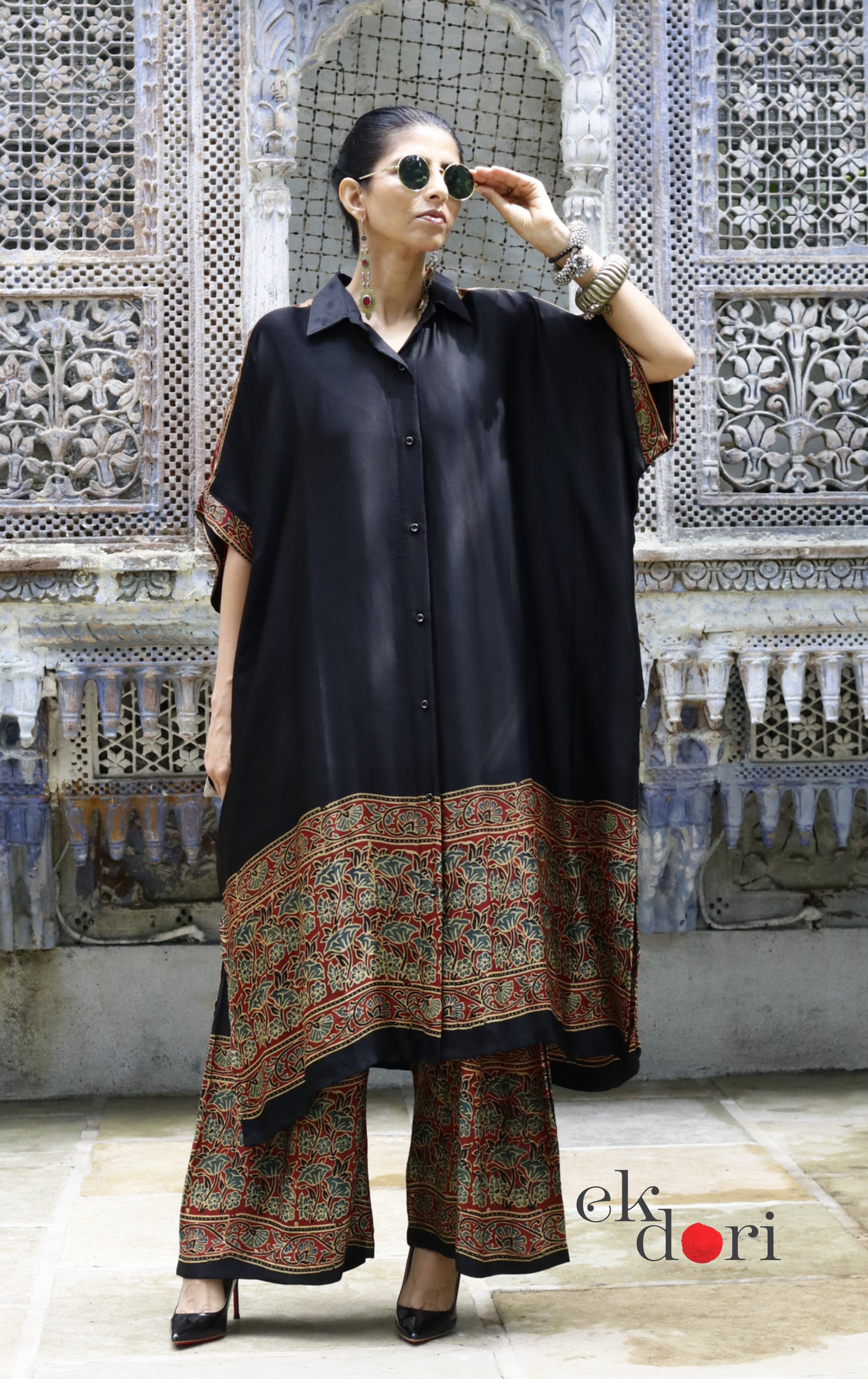 Ajrakh Kaftan Kurta Dress 'Bageecha' : Modal Ajrakh Hand Block Kaftan Kurta Palazzo Set