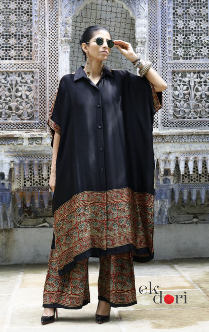 Ajrakh Kaftan Kurta Dress 'Bageecha' : Modal Ajrakh Hand Block Kaftan Kurta Palazzo Set