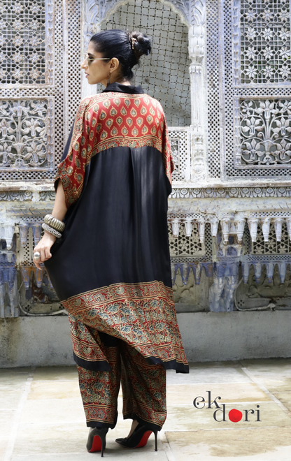 Ajrakh Kaftan Kurta Dress 'Bageecha' : Modal Ajrakh Hand Block Kaftan Kurta Palazzo Set