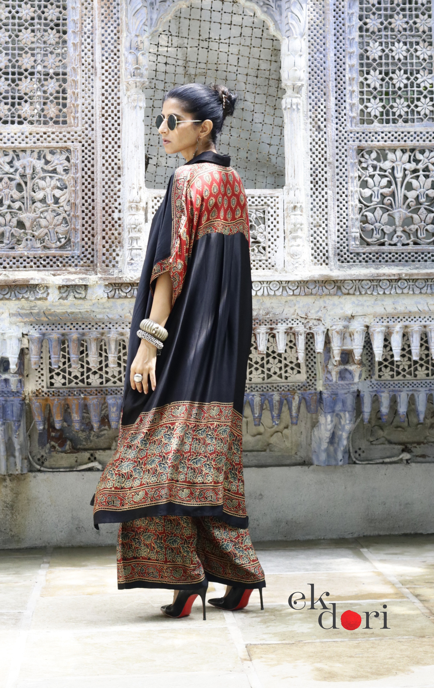 Ajrakh Kaftan Kurta Dress 'Bageecha' : Modal Ajrakh Hand Block Kaftan Kurta Palazzo Set