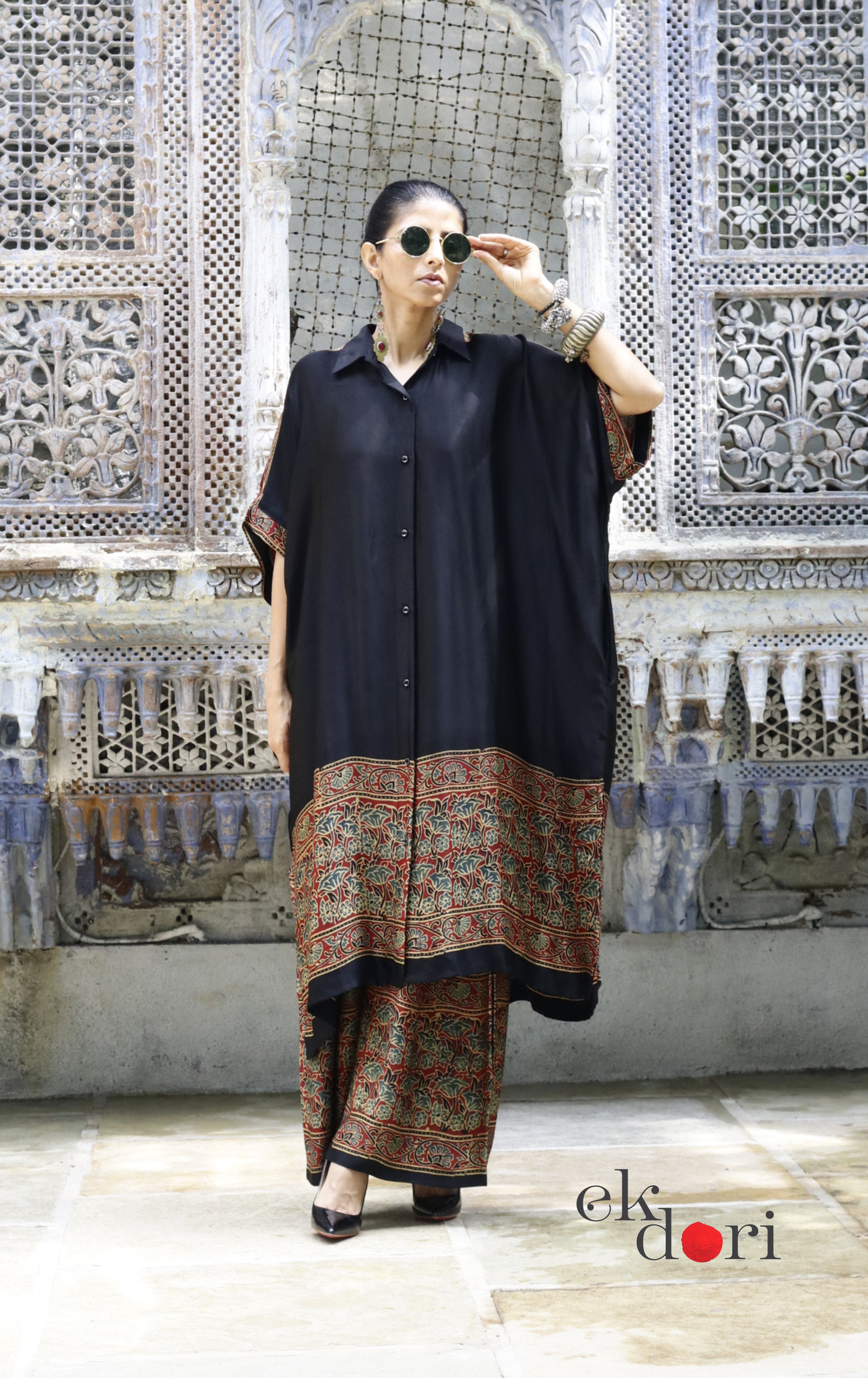 Ajrakh Kaftan Kurta Dress 'Bageecha' : Modal Ajrakh Hand Block Kaftan Kurta Palazzo Set