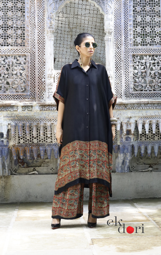 Ajrakh Kaftan Kurta Dress 'Bageecha' : Modal Ajrakh Hand Block Kaftan Kurta Palazzo Set