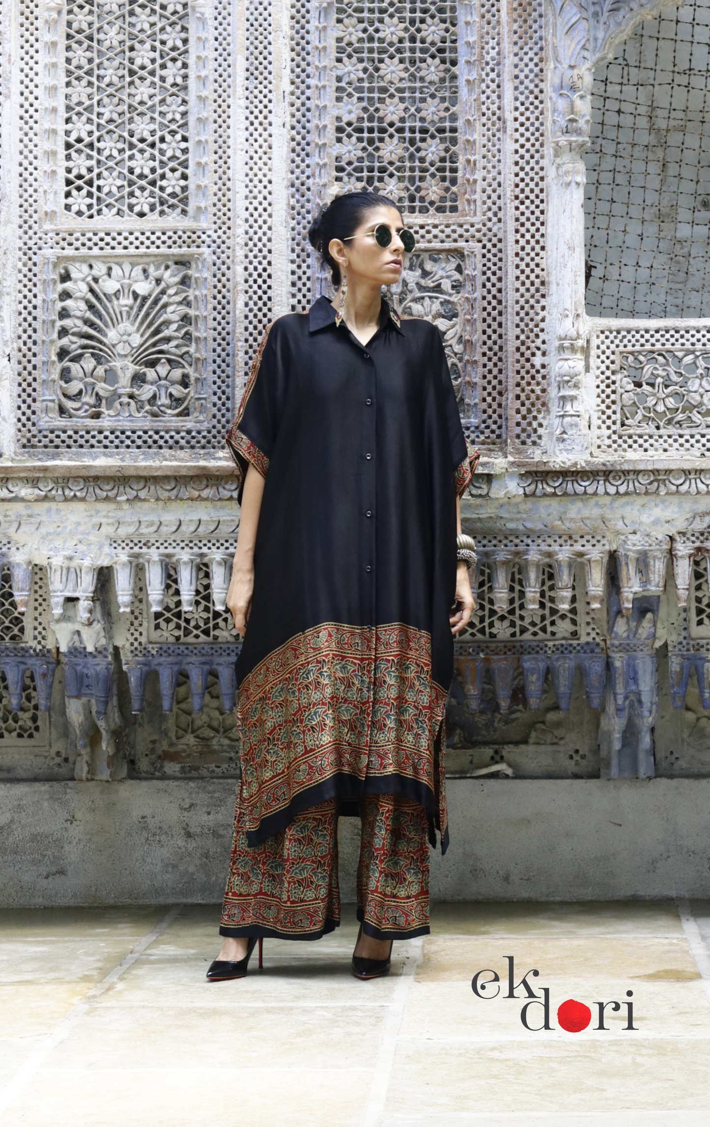 Ajrakh Kaftan Kurta Dress 'Bageecha' : Modal Ajrakh Hand Block Kaftan Kurta Palazzo Set