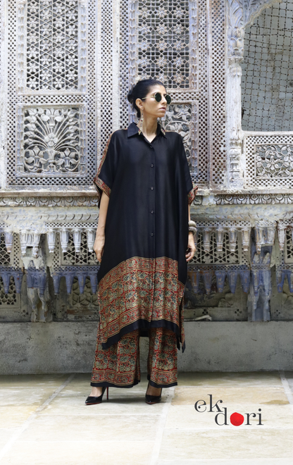 Ajrakh Kaftan Kurta Dress 'Bageecha' : Modal Ajrakh Hand Block Kaftan Kurta Palazzo Set