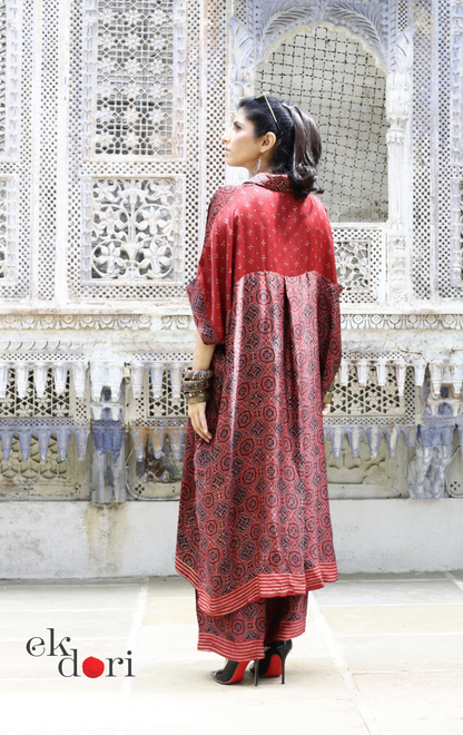 Ajrakh Kaftan Kurta Dress 'Lakeer' : Modal Ajrakh Hand Block Kaftan Kurta Palazzo Set