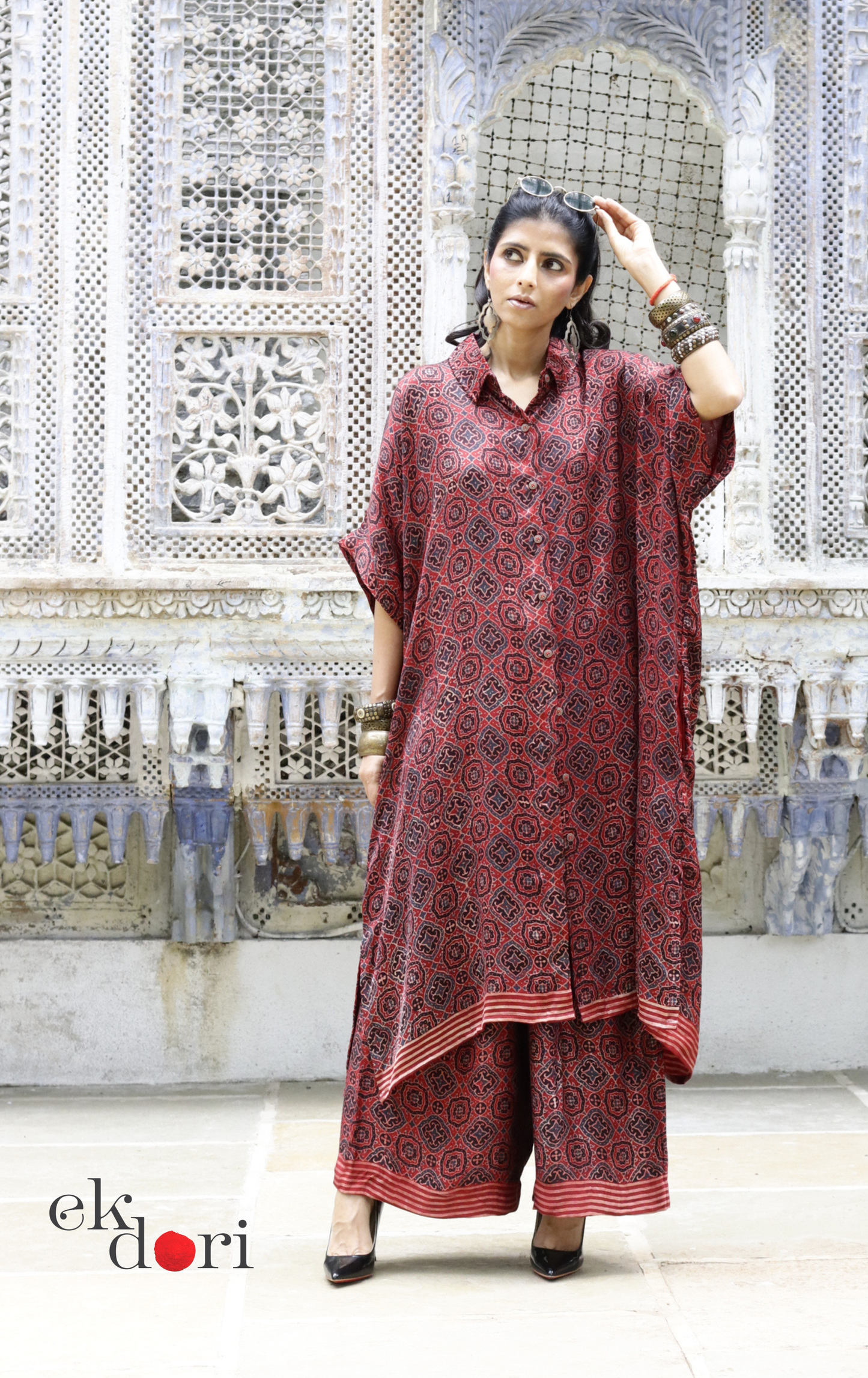 Ajrakh Kaftan Kurta Dress 'Lakeer' : Modal Ajrakh Hand Block Kaftan Kurta Palazzo Set