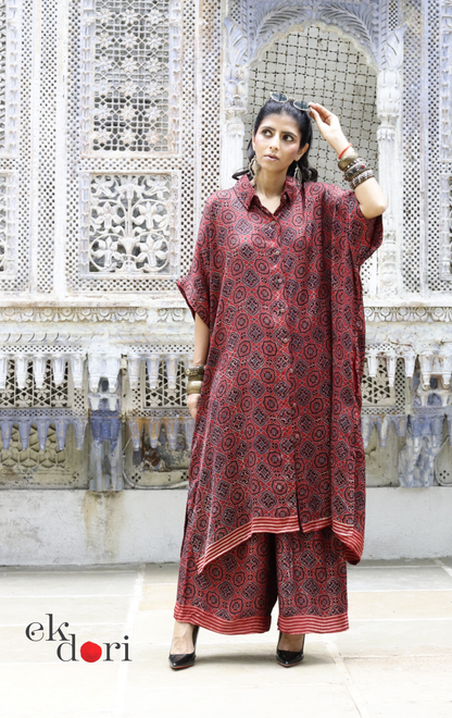 Ajrakh Kaftan Kurta Dress 'Lakeer' : Modal Ajrakh Hand Block Kaftan Kurta Palazzo Set